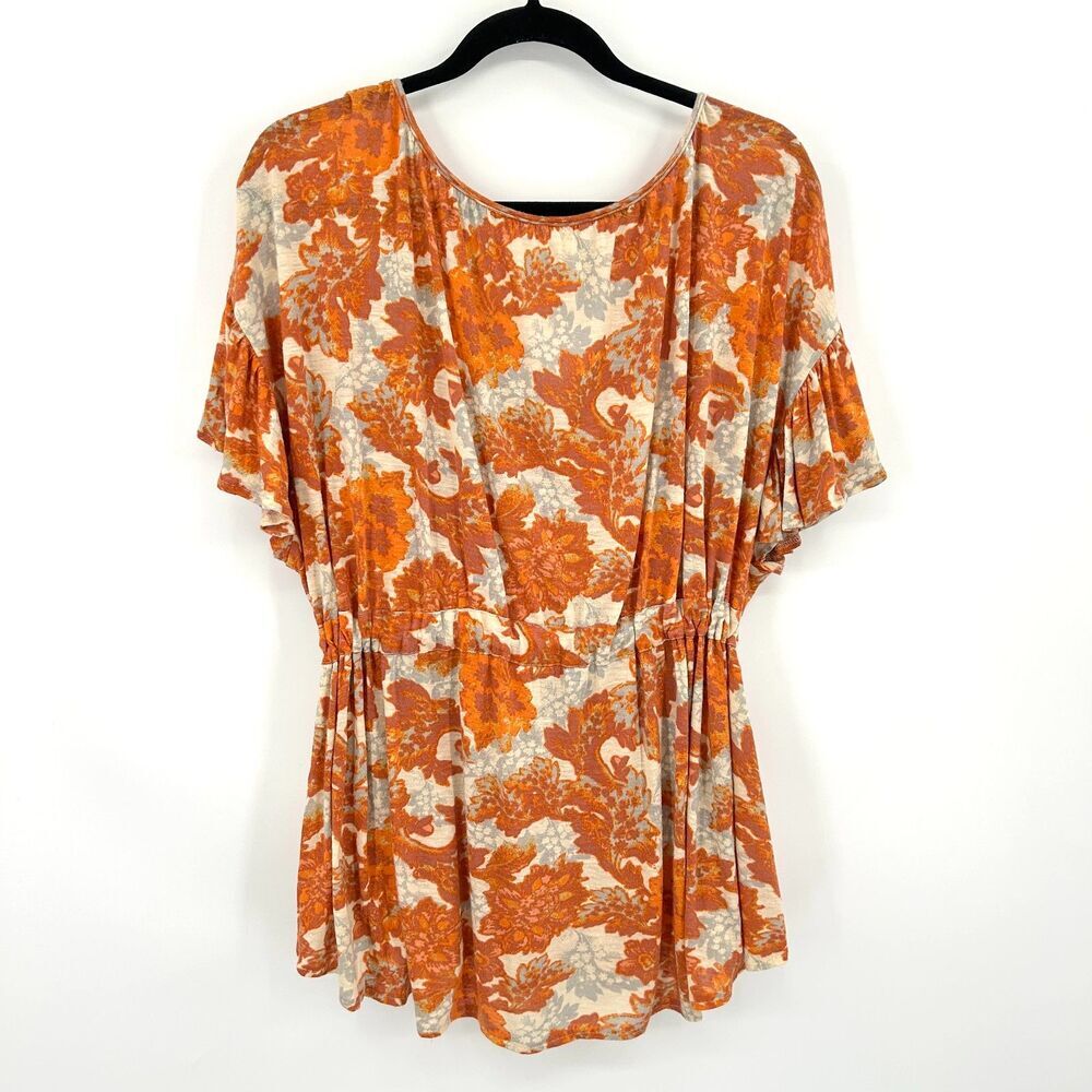 FREE PEOPLE Orange Beige Floral Flutter Sleeve Waist Tie V-Neck Blouse Top Small - Picture 3 of 7